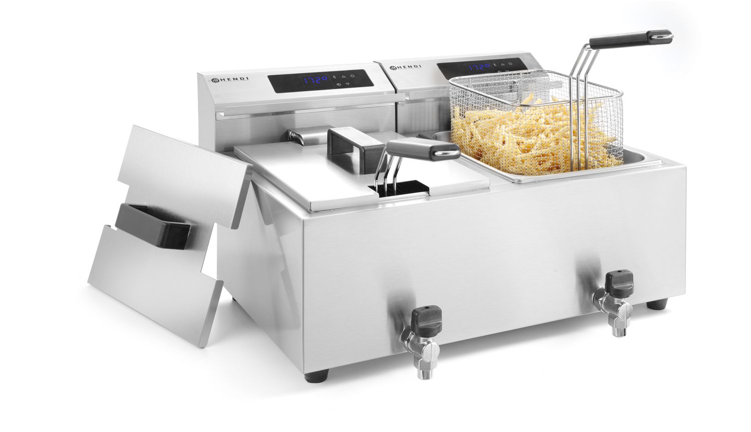 Fritéza s digitálnym ovládacím panelom Profi Line s výpustným ventilom – 2x 8 l, HENDI, Profi Line, 16L, 230V/7000W, 605x515x(H)350mm