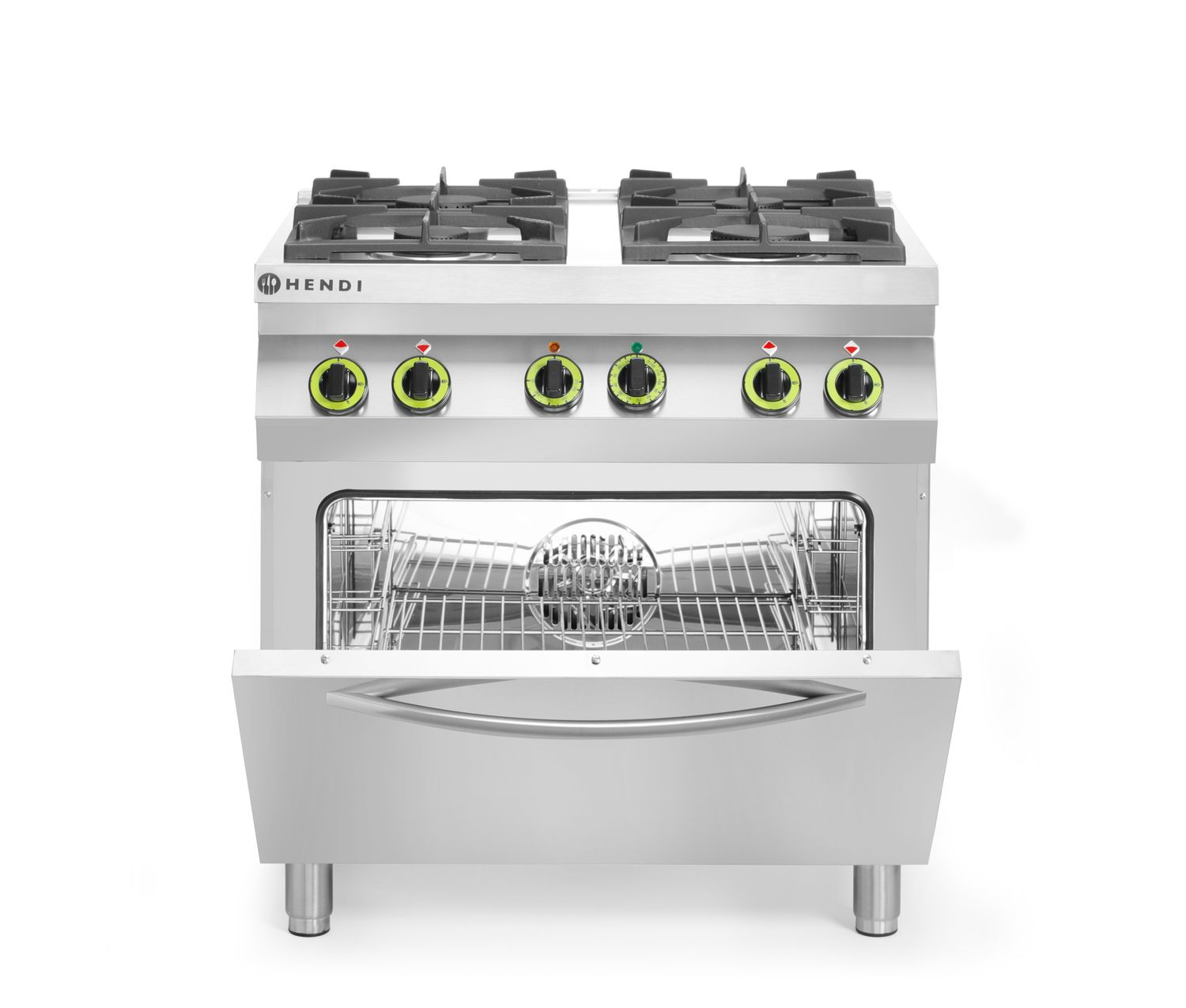 Plynový sporák so 4 horákmi a konvekčnou rúrou GN 1/1, HENDI, Kitchen Line, 230V/3000W, 19kW, 800x722x(H)900mm