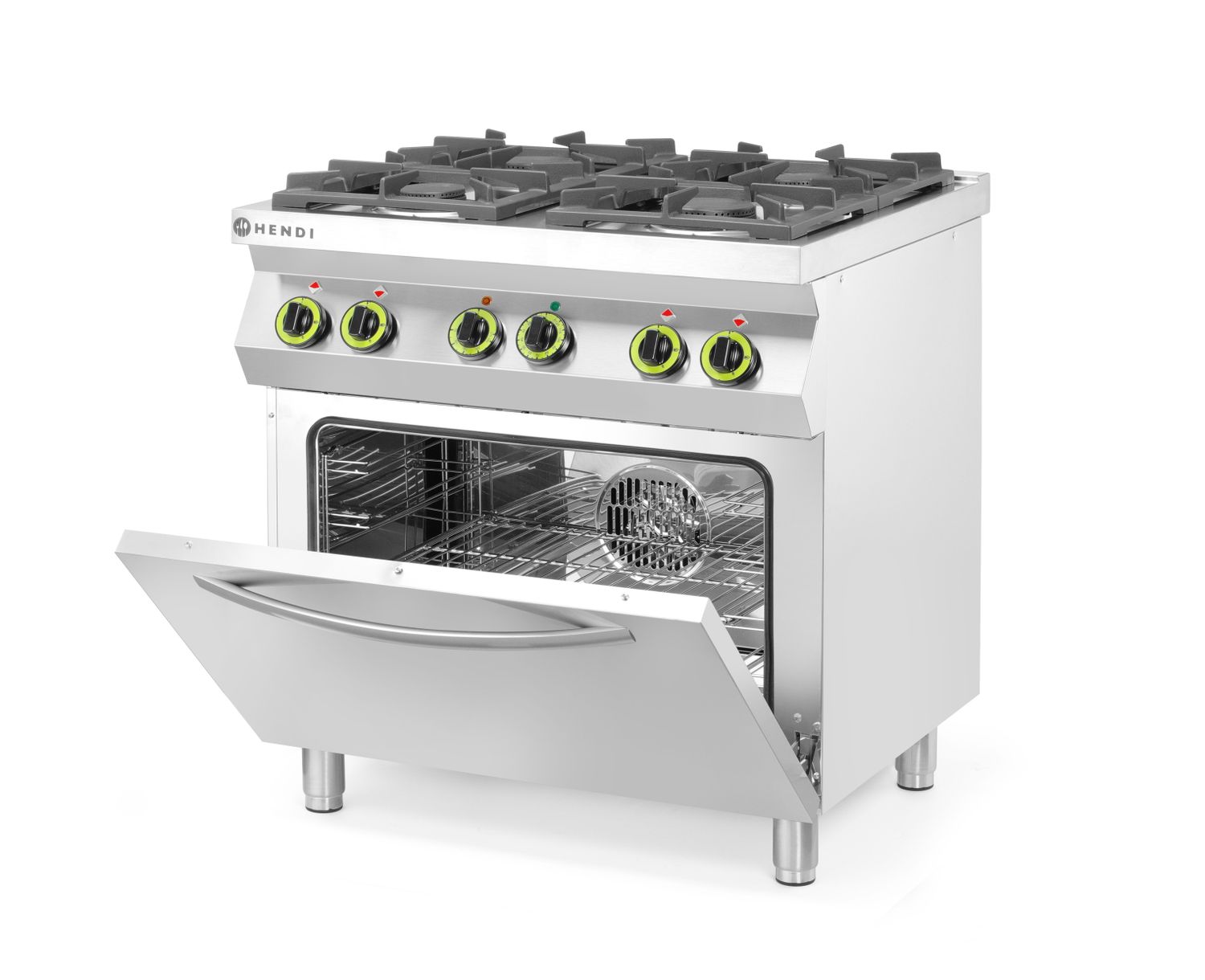 Plynový sporák so 4 horákmi a konvekčnou rúrou GN 1/1, HENDI, Kitchen Line, 230V/3000W, 19kW, 800x722x(H)900mm