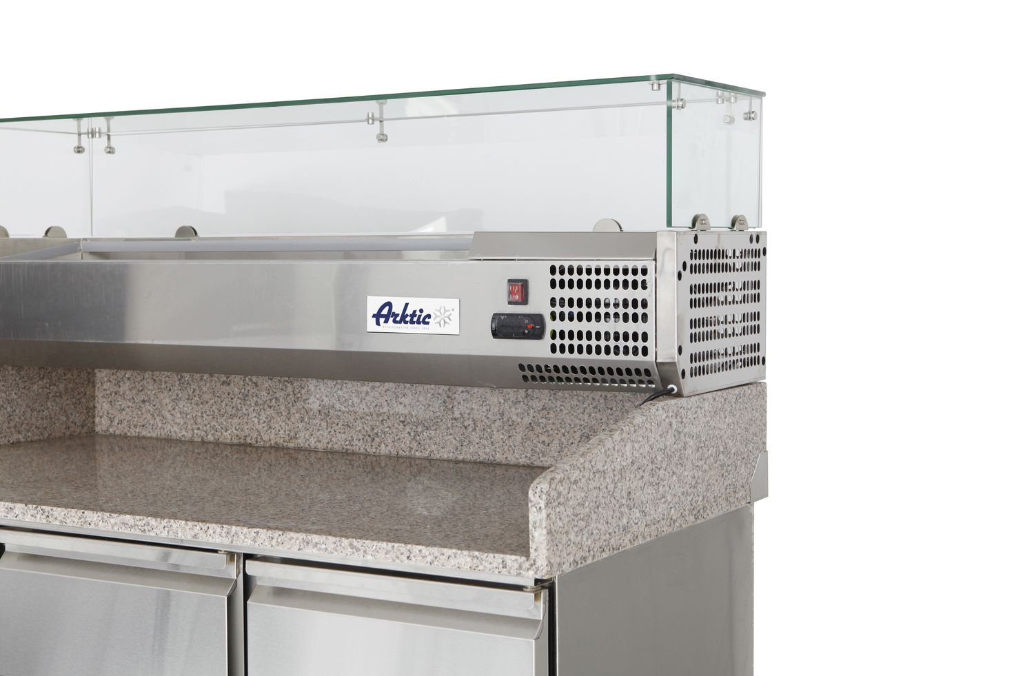 3-dverový chladiaci stôl na pizzu s nadstavbou a granitovou pracovnou doskou, Arktic, 254L, 230V/400W, 1400x700x(H)1491mm