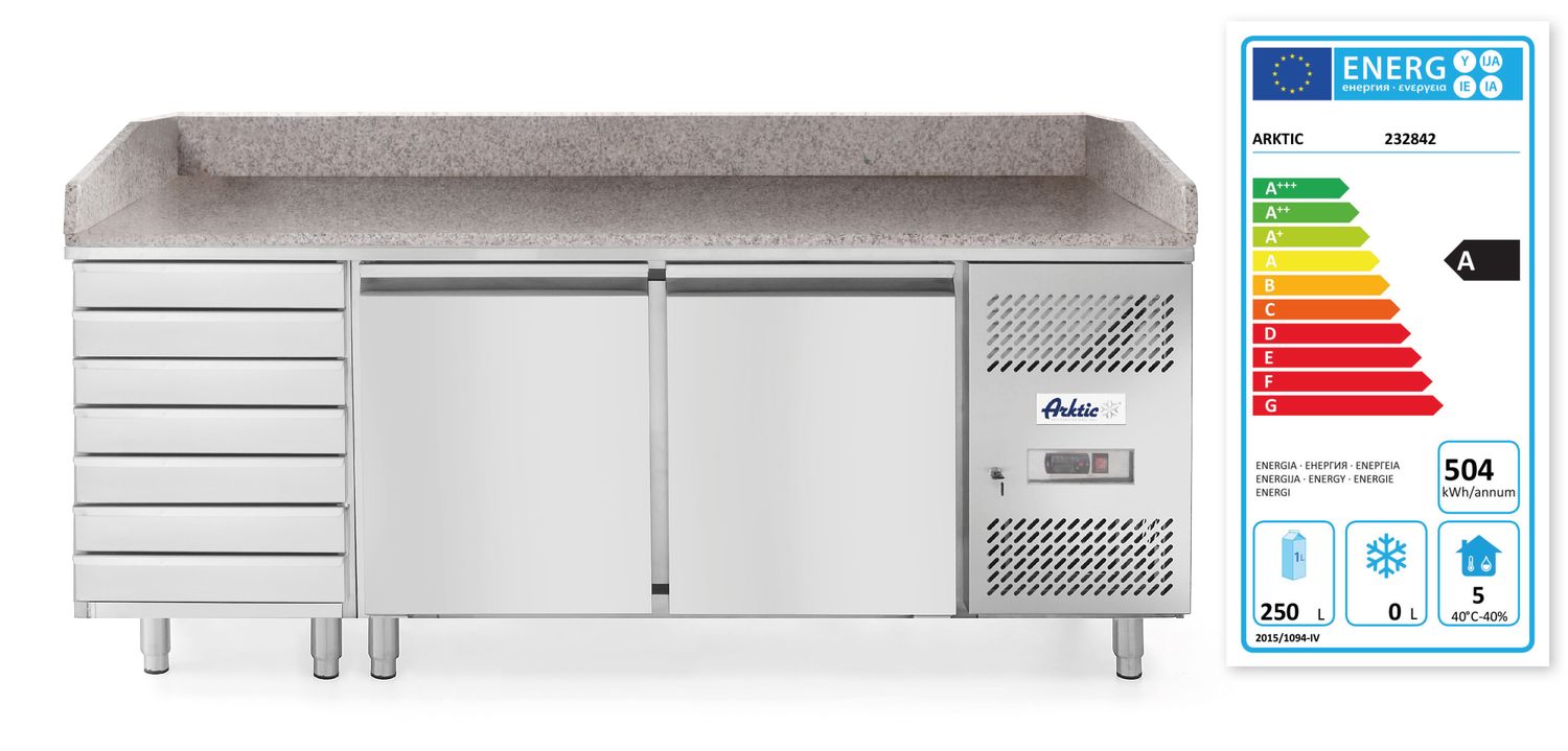 2-dverový chladiaci stôl na pizzu so 7 zásuvkami a granitovou pracovnou doskou, Arktic, 250L, 230V/250W, 2020x802x(H)1000mm