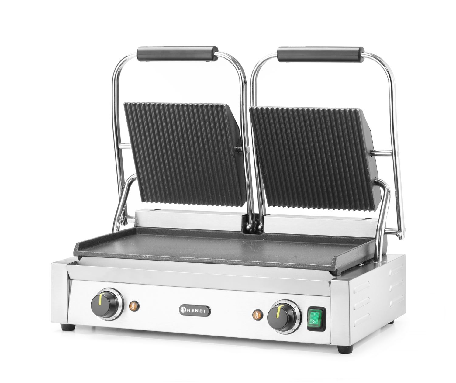 Dvojitý kontaktný gril, HENDI, drážkovaný vrch a hladké dno, 230V/3600W, 570x375x(H)216mm