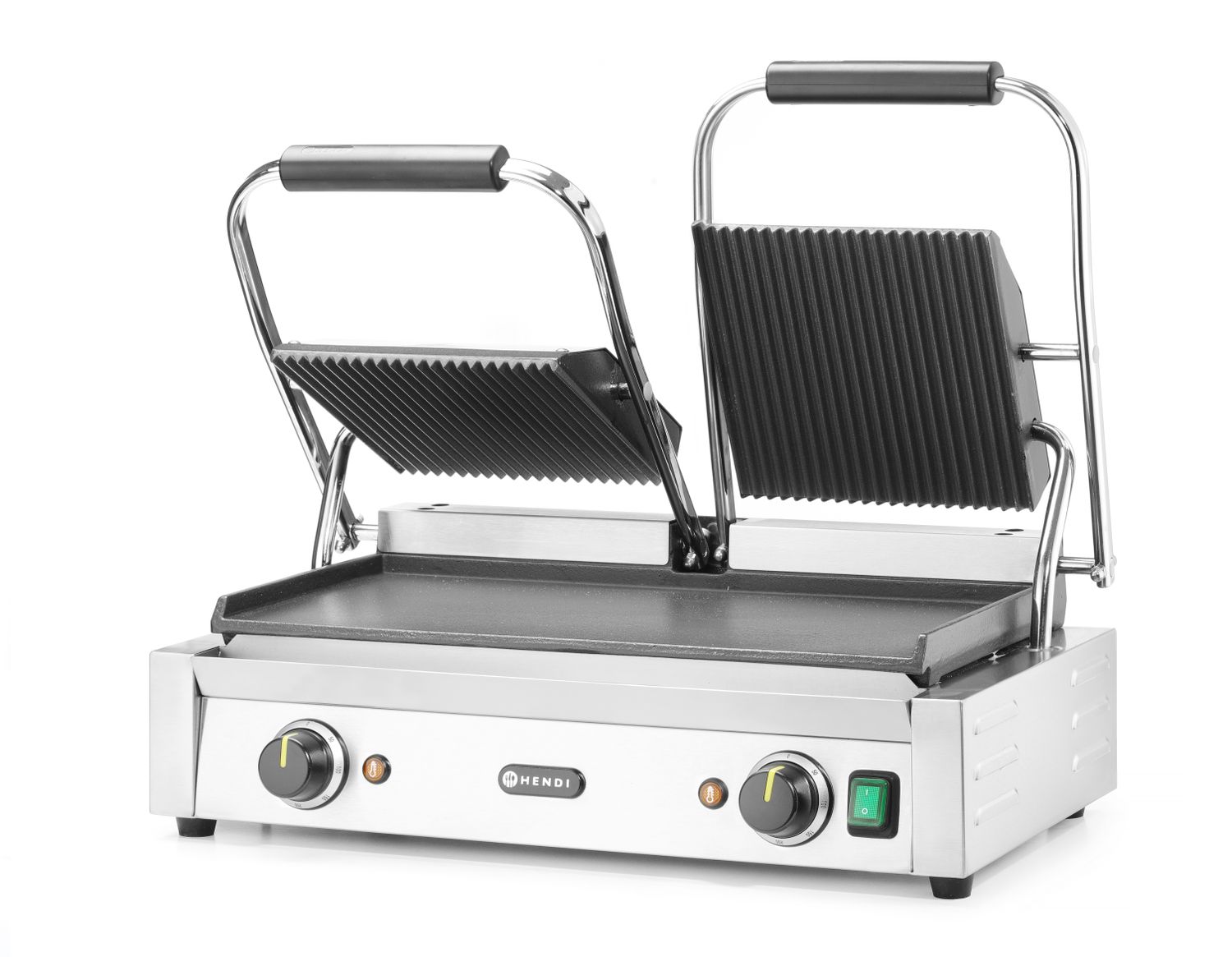 Dvojitý kontaktný gril, HENDI, drážkovaný vrch a hladké dno, 230V/3600W, 570x375x(H)216mm