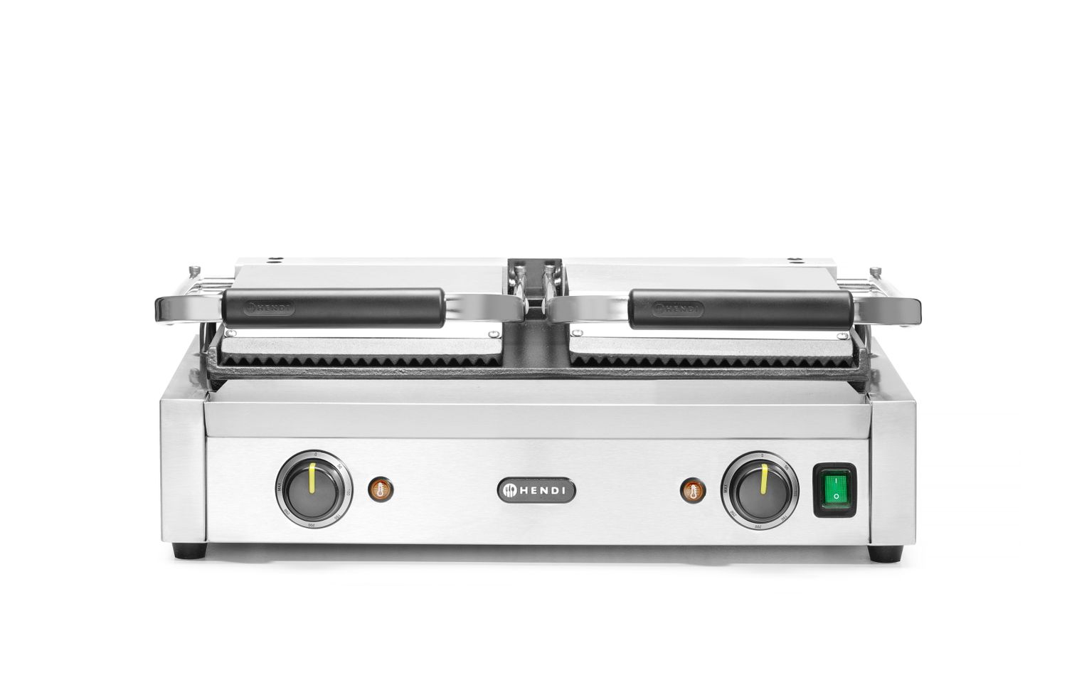 Dvojitý kontaktný gril, HENDI, drážkovaný vrch a hladké dno, 230V/3600W, 570x375x(H)216mm