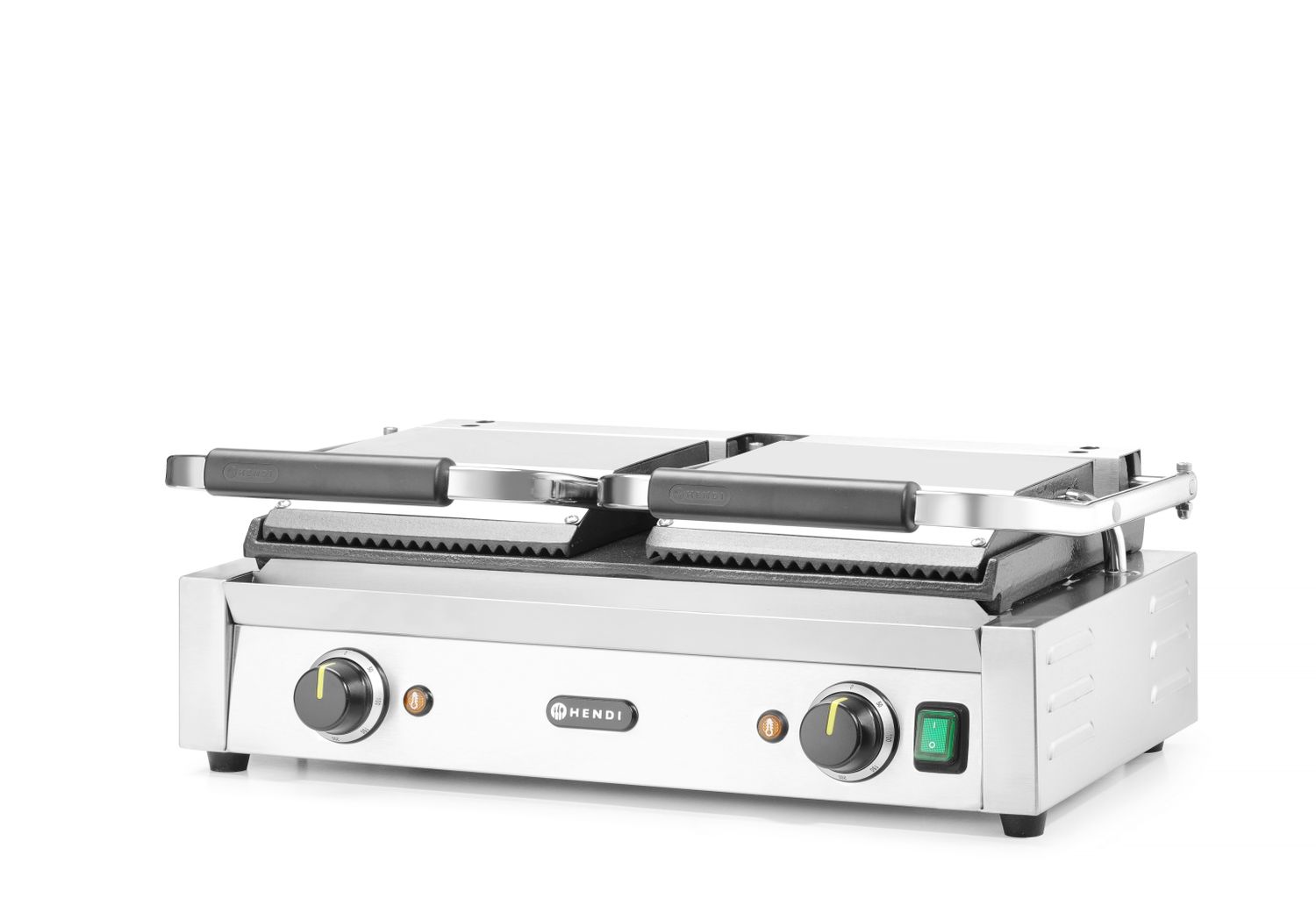 Dvojitý kontaktný gril, HENDI, drážkovaný vrch a hladké dno, 230V/3600W, 570x375x(H)216mm
