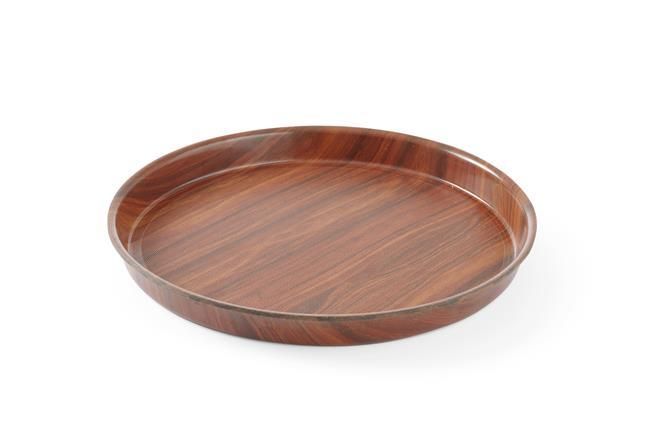 Laminovaný servírovací podnos, protišmykový, guľatý, vysoký okraj, AmerBox, Mahagón, ⌀420x(H)30mm