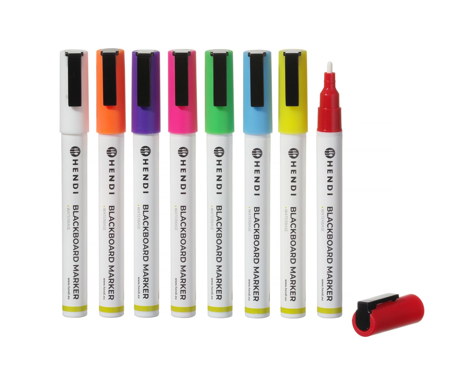 Značkovače na tabuľky – úzky hrot 3 mm, HENDI, 1 biely, 1 červený, 1 modrý, 1 zelený, 1 žltý, 1 fialový, 1 oranžový a 1 ružový popisovač