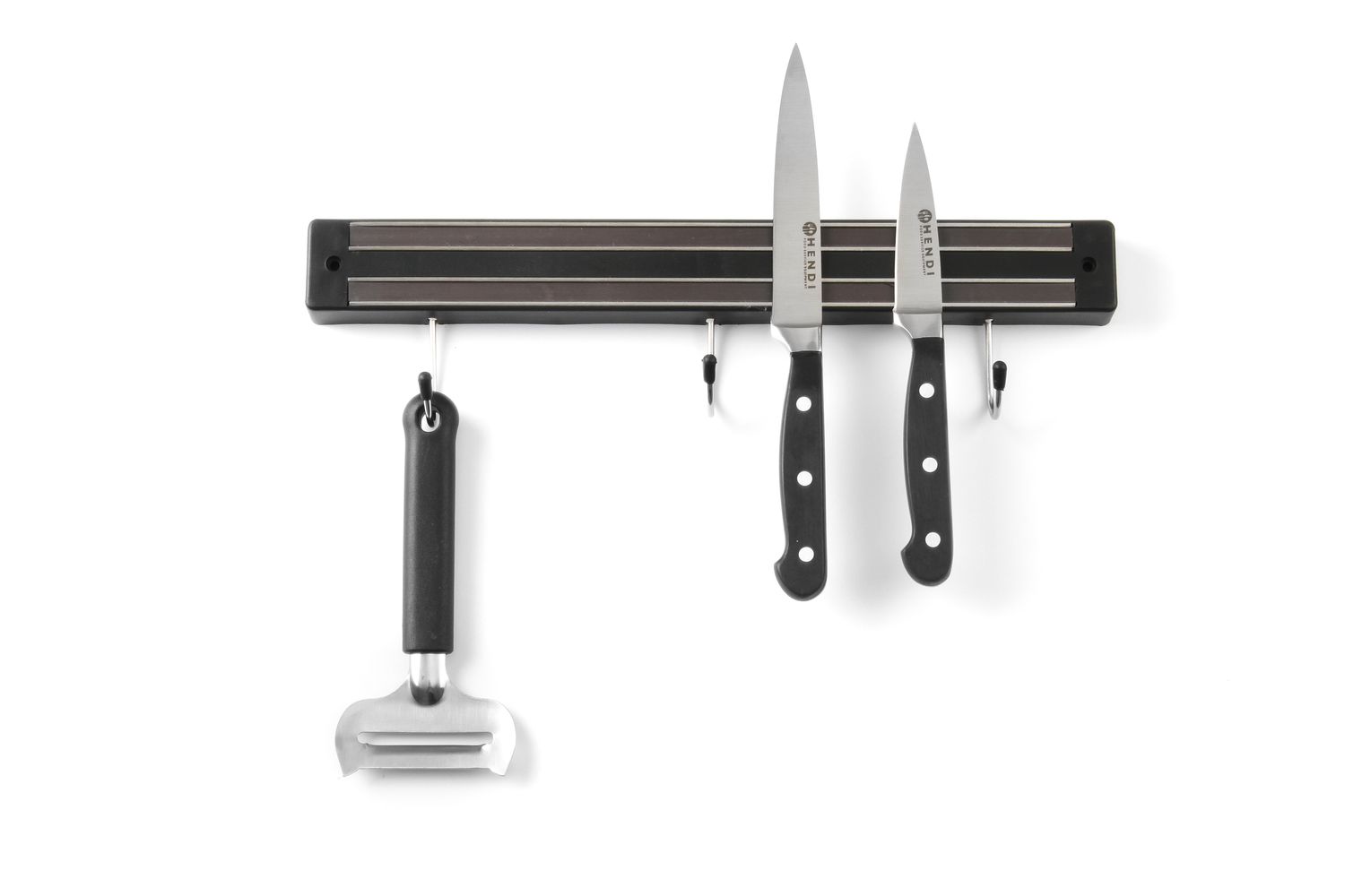 Magnetická lišta s háčikmi, HENDI, 3 háčiky, Čierna, (L)340mm