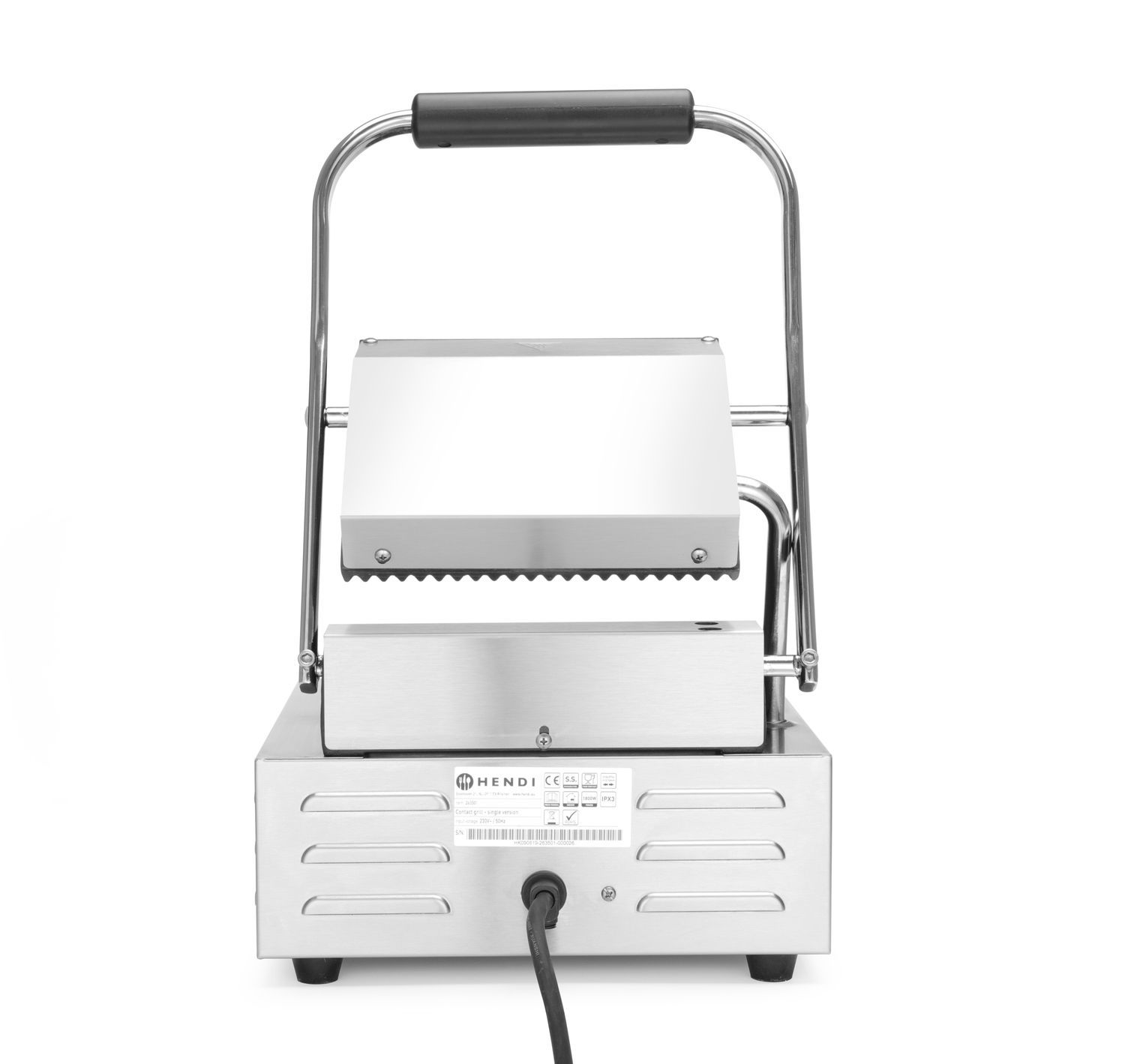 Jednoduchý kontaktný gril, HENDI, drážkovaný vrch a spodok, 230V/1800W, 310x375x(H)216mm