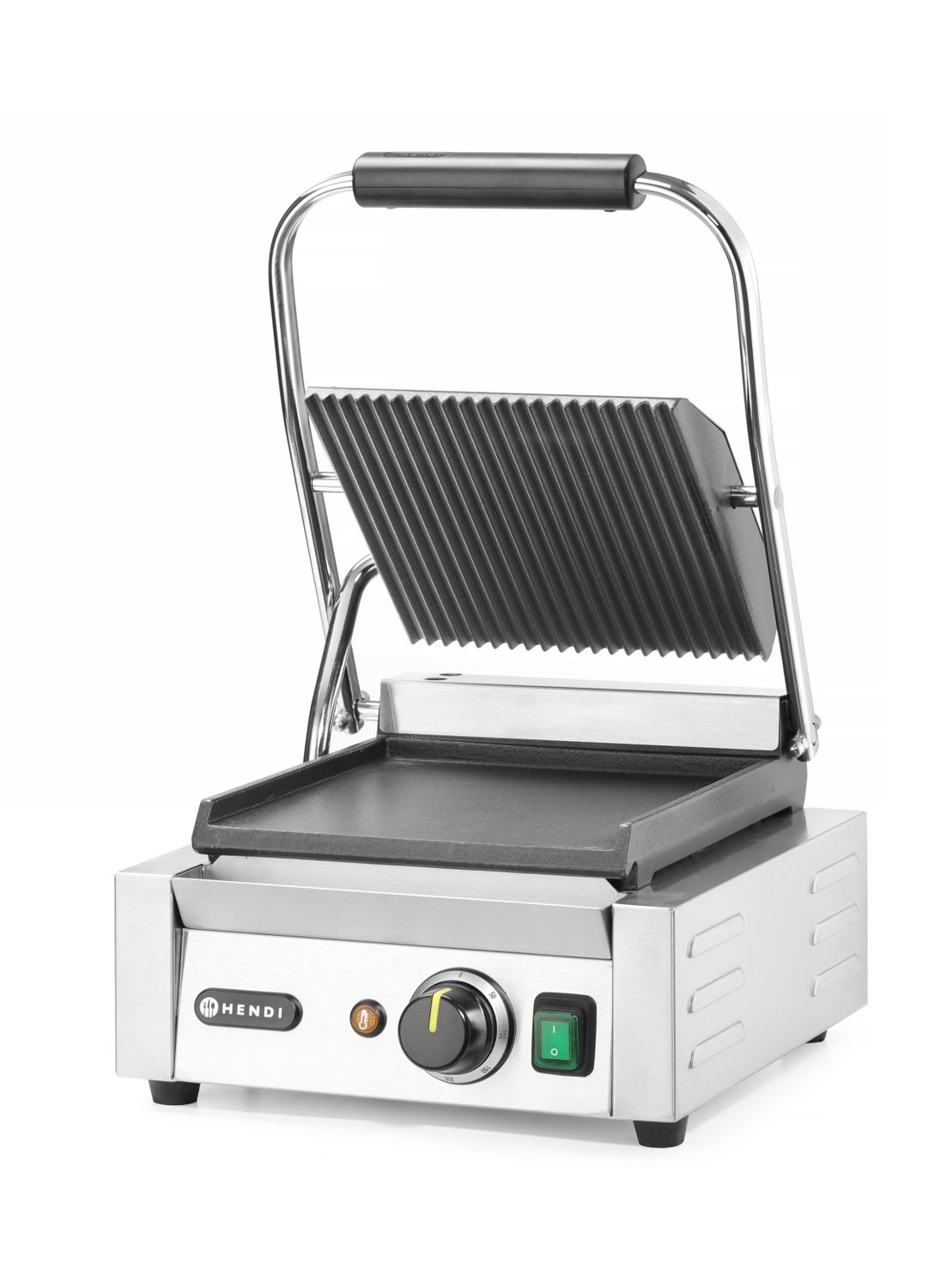 Jednoduchý kontaktný gril, HENDI, drážkovaný vrch a hladké dno, 230V/1800W, 310x375x(H)216mm