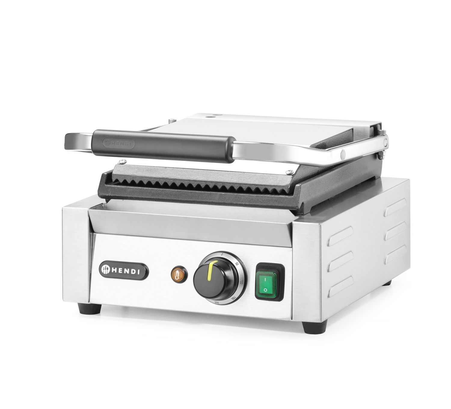 Jednoduchý kontaktný gril, HENDI, drážkovaný vrch a hladké dno, 230V/1800W, 310x375x(H)216mm