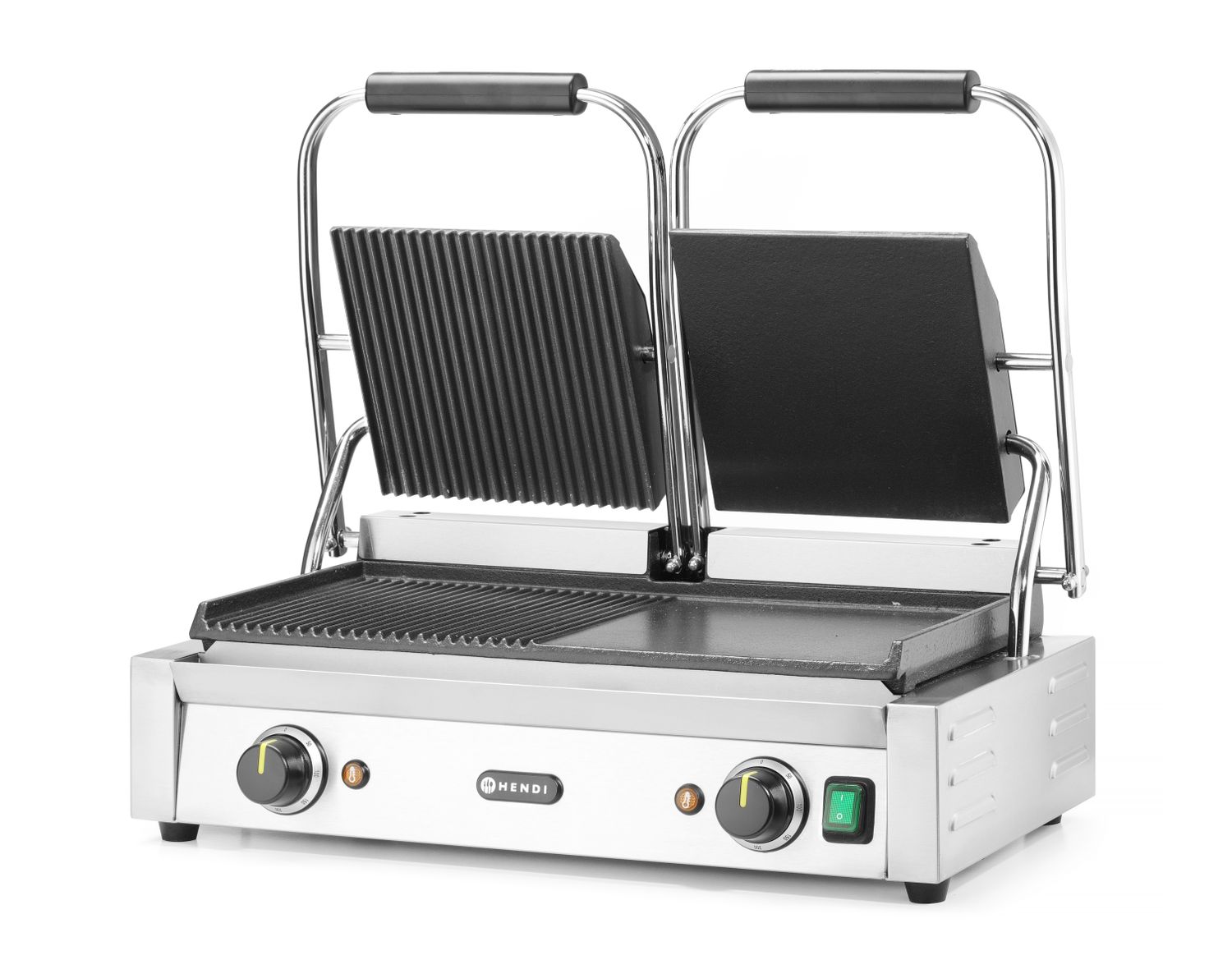 Dvojitý kontaktný gril, HENDI, napoly hladký, napoly drážkovaný, 230V/3600W, 570x375x(H)216mm