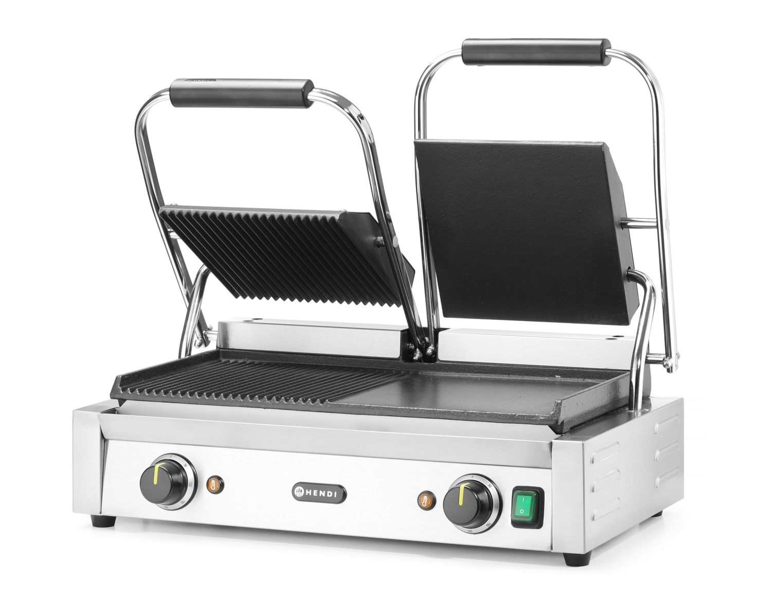 Dvojitý kontaktný gril, HENDI, napoly hladký, napoly drážkovaný, 230V/3600W, 570x375x(H)216mm