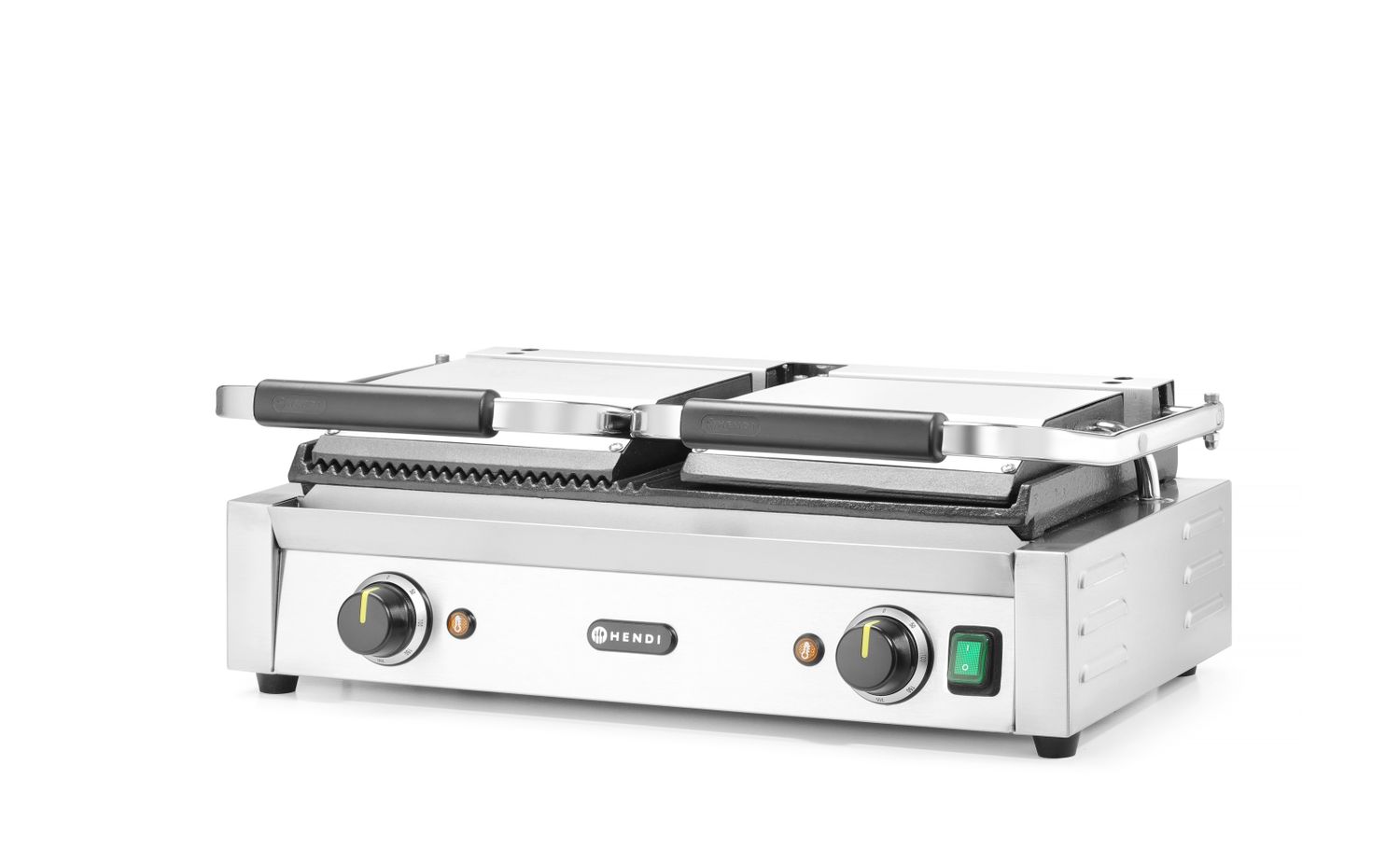 Dvojitý kontaktný gril, HENDI, napoly hladký, napoly drážkovaný, 230V/3600W, 570x375x(H)216mm