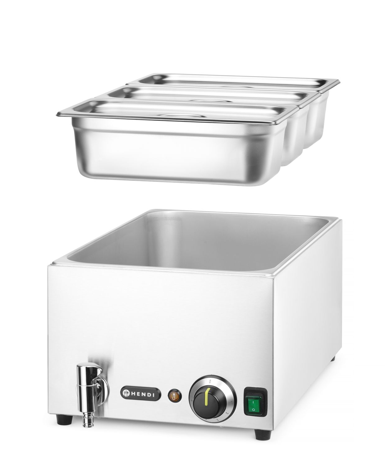 Sada: Miska s vypúšťacím kohútikom + 3x GN 1/3 s vekom, HENDI, GN 1/1, 230V/1000W, 605x332x(H)242mm