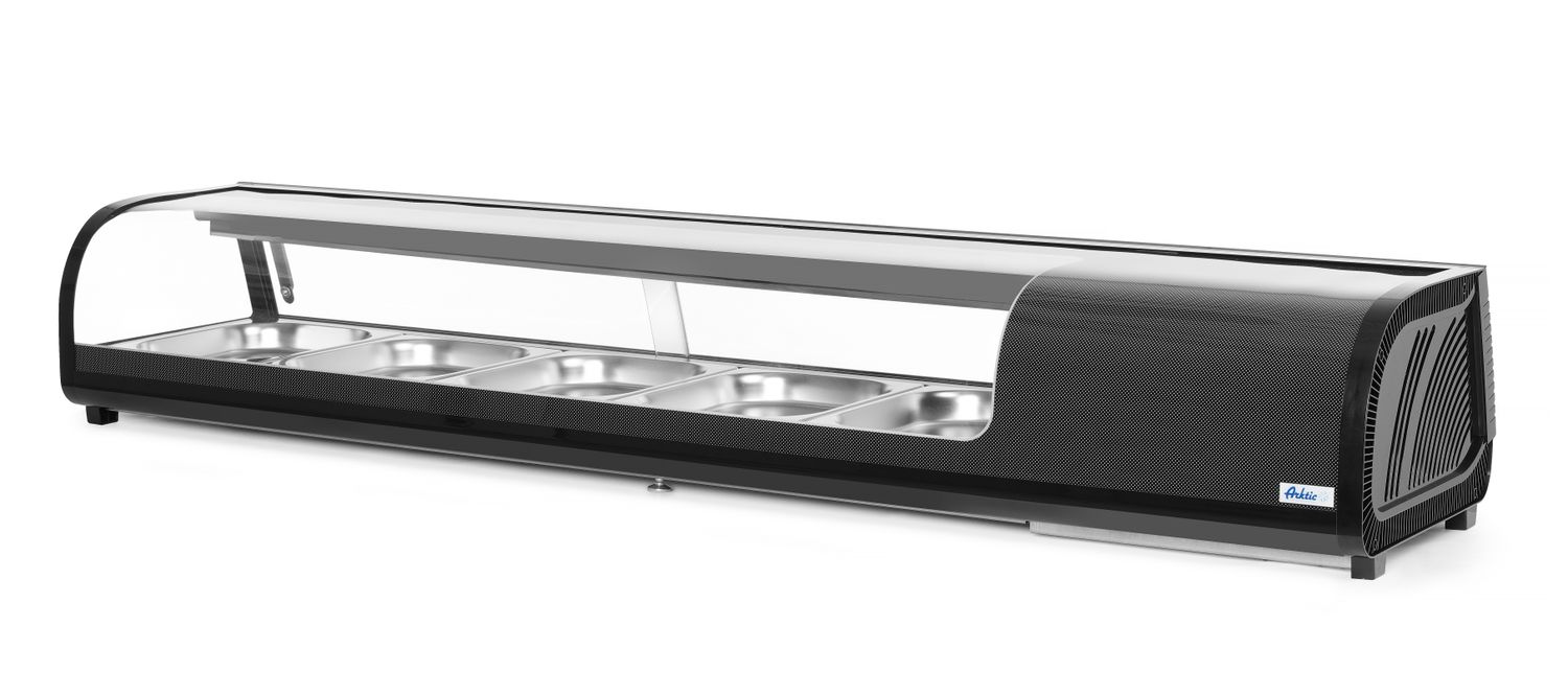 Chladiaca vitrína na sushi, Arktic, Kapacita: 5x GN 1/2 (H)40 mm (vrátane nádob)., Čierna, 220-240V/190W, 1800x420x(H)265mm