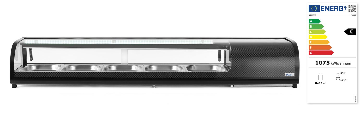Chladiaca vitrína na sushi, Arktic, Kapacita: 5x GN 1/2 (H)40 mm (vrátane nádob)., Čierna, 220-240V/190W, 1800x420x(H)265mm
