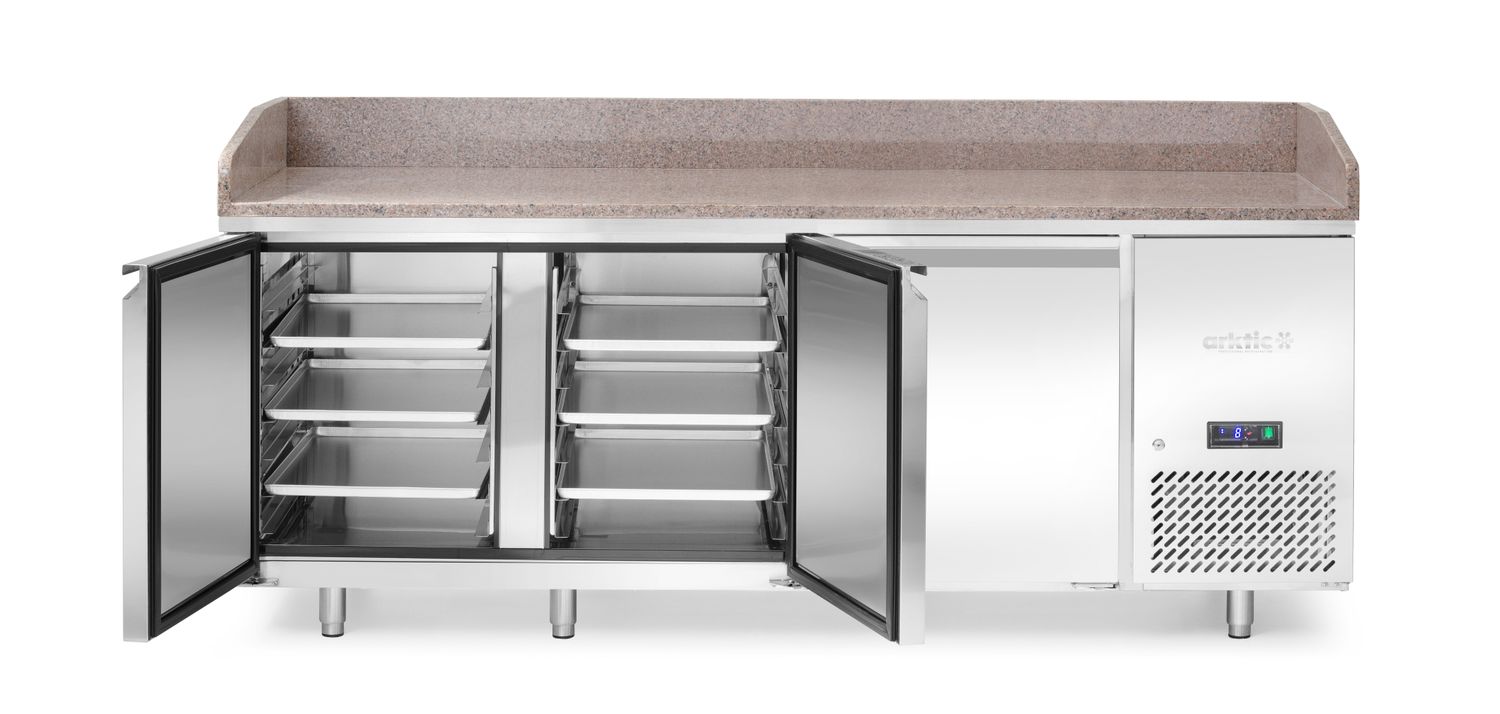 Chladiaci stôl na pizzu so žulovou pracovnou doskou, 3-dverový, Arktic, 375L, žula, 230V/400W, 2010x800x(H)875mm