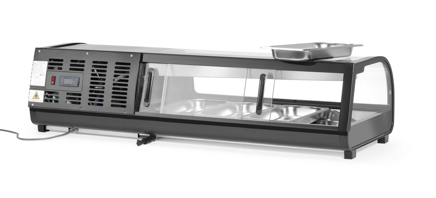 Chladiaca vitrína na sushi, Arktic, Dodávané nádoby: 4x GN 1/3 (H) 40 mm., GN 1/3, Čierna, 220-240V/190W, 1177x426x(H)296mm