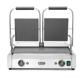 Dvojitý kontaktný gril, HENDI, drážkovaný vrch a hladké dno, 230V/3600W, 570x375x(H)216mm