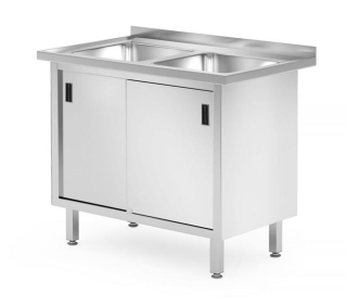 Stôl s 2 drezmi, skrinka – zváraný, s posuvnými dverami, HENDI, Profi Line, 1000x600x(H)850mm